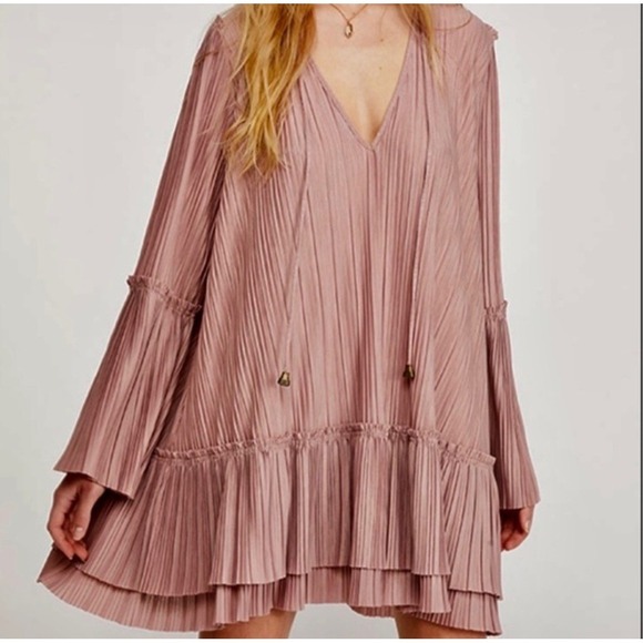 Free People Dresses & Skirts - Free People Can't Help It Pleated Swing Dress Size XS Dusty Rose Tassels Flare